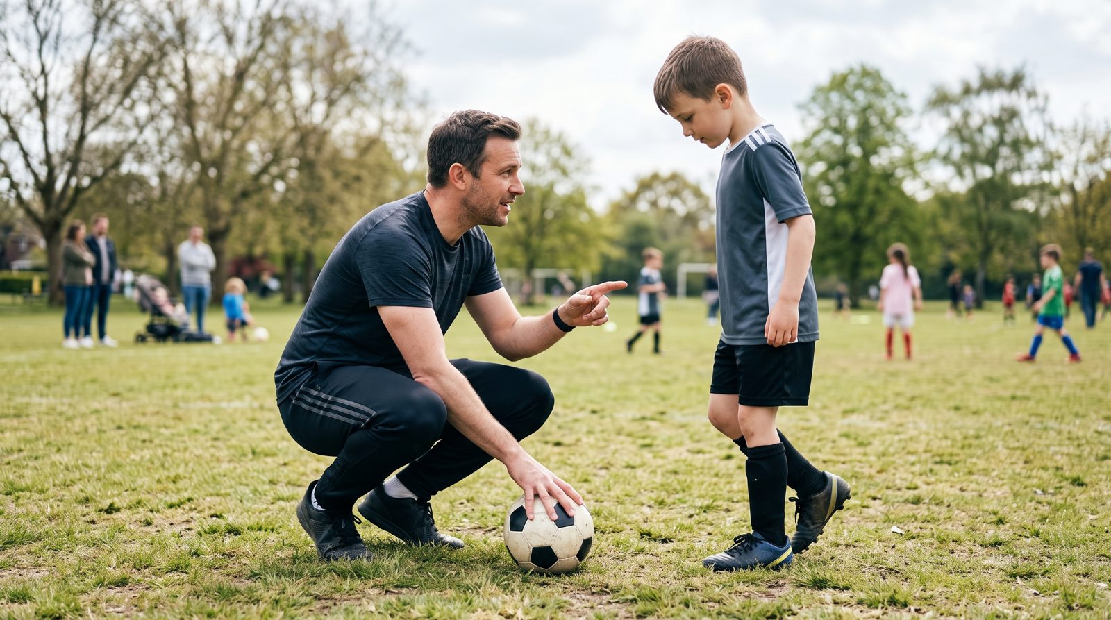 A dad coaching his son with a soccer ball in a park