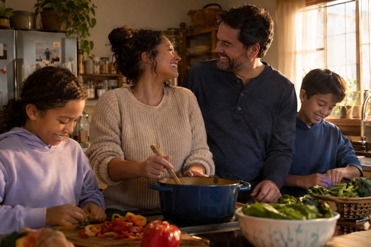 A family cooking together and laughing in a bright kitchen