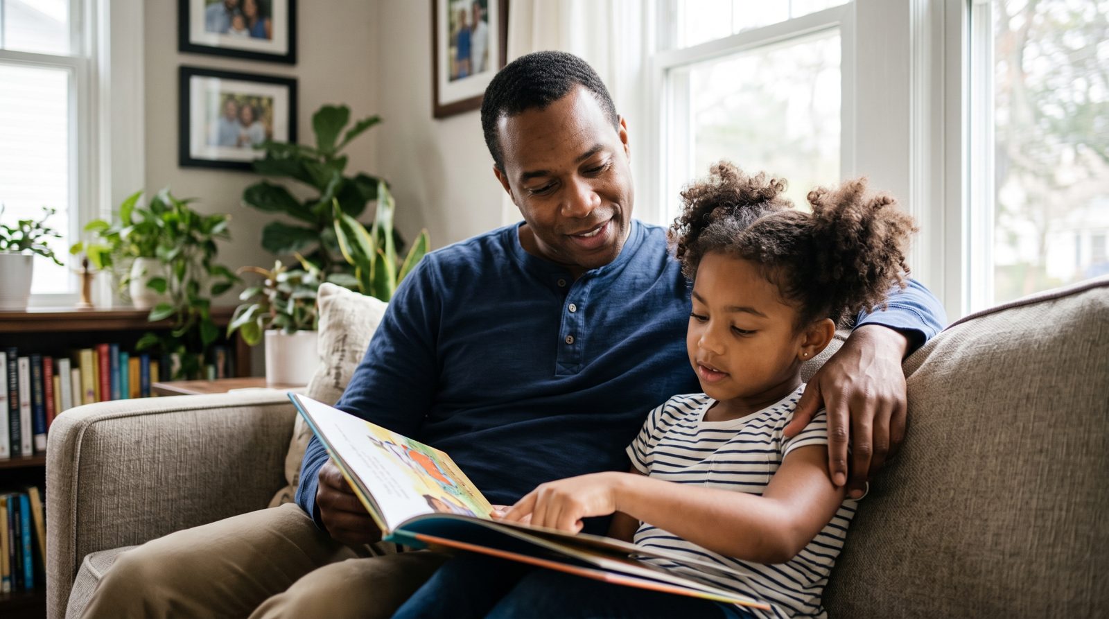 A father reading a picture book with his young daughter on a sofa