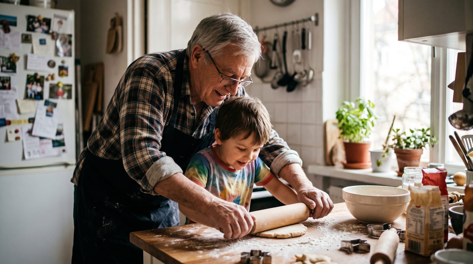 A grandfather and grandchild cooking together
