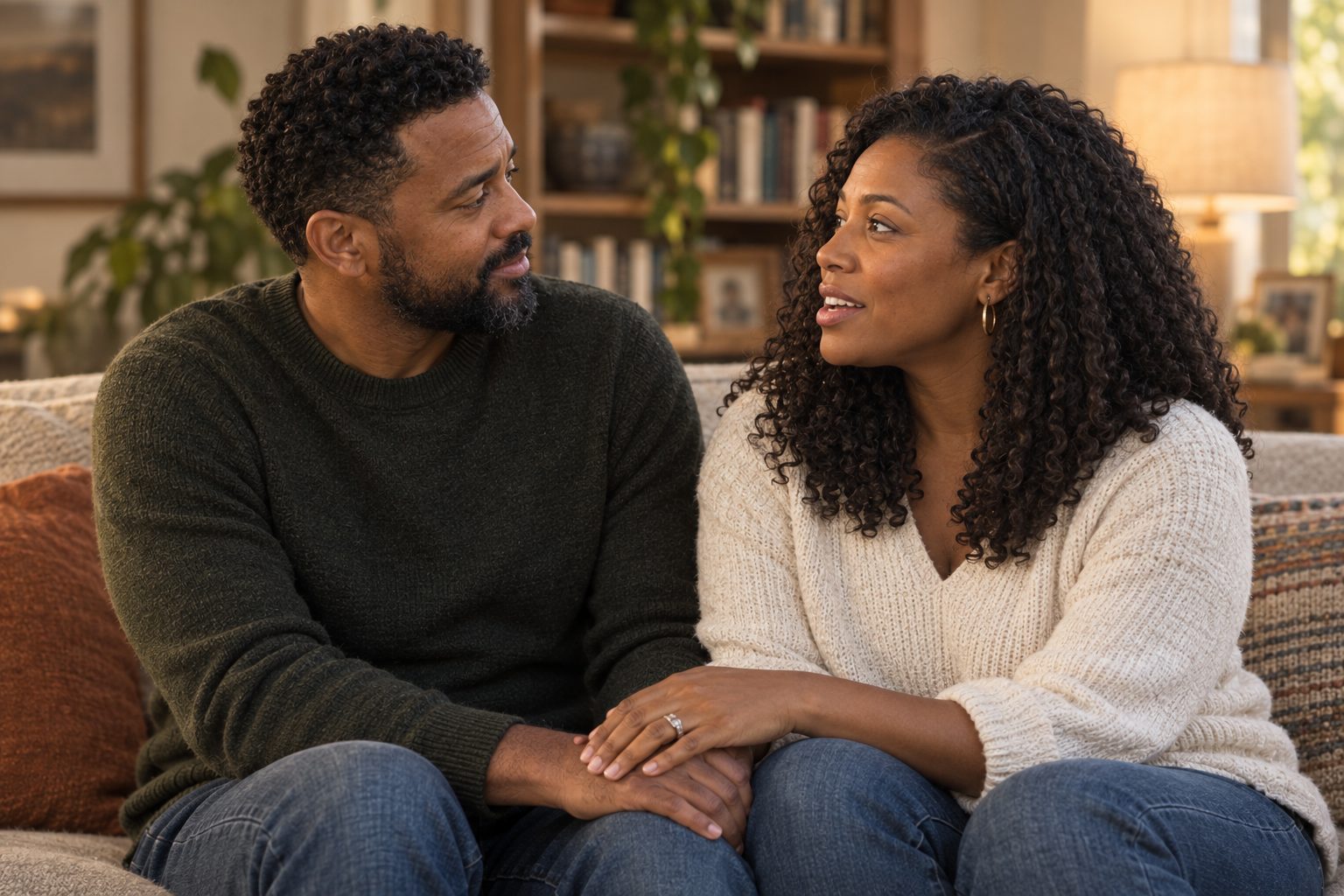 A couple sitting together on a couch in conversation