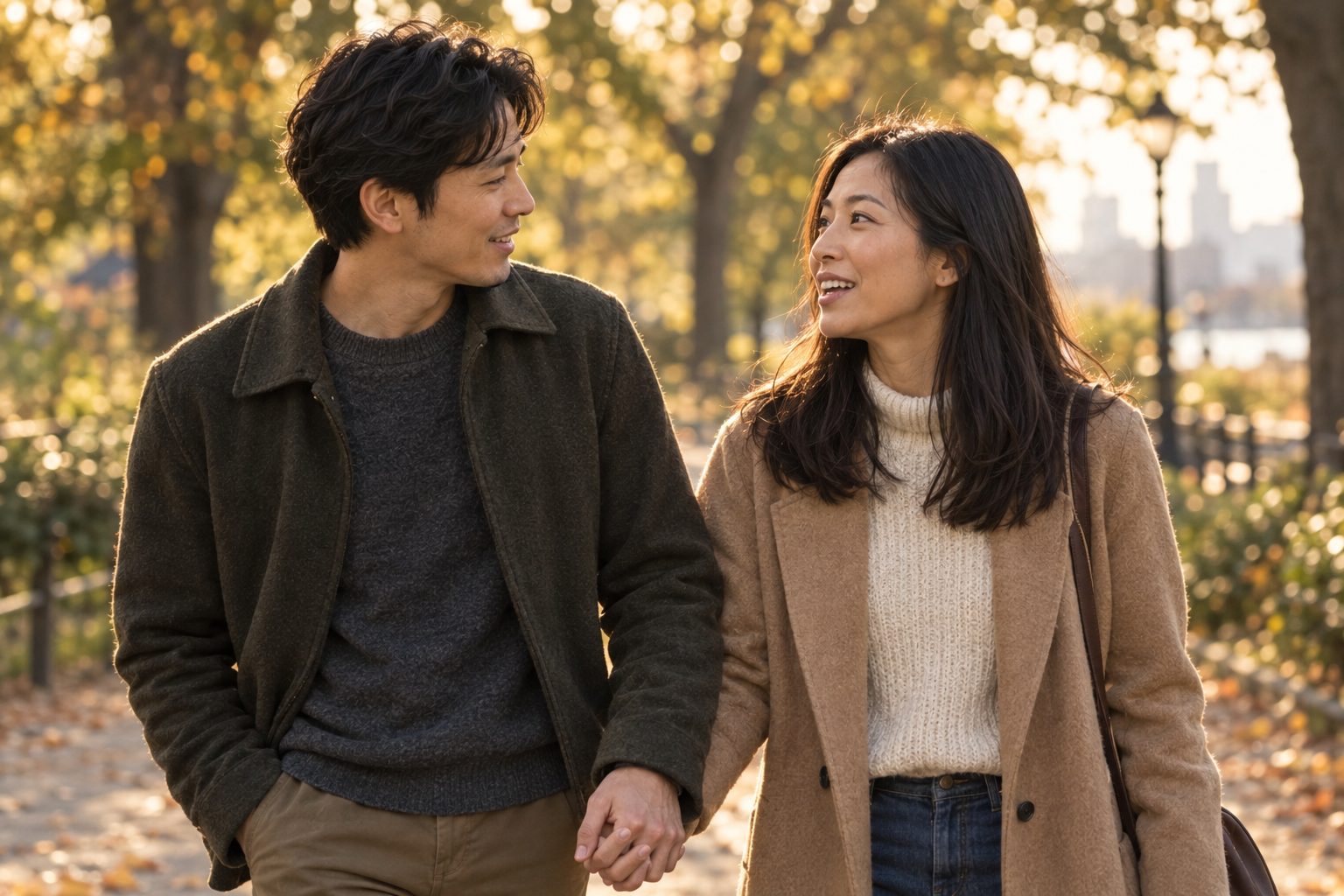 A young couple walking hand in hand through a park in autumn