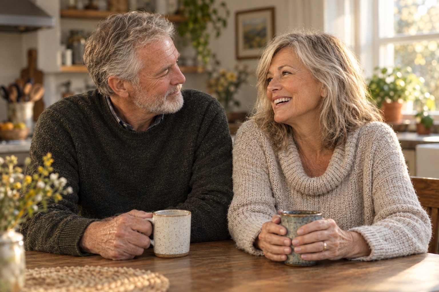 An older couple laughing together over coffee at a kitchen table
