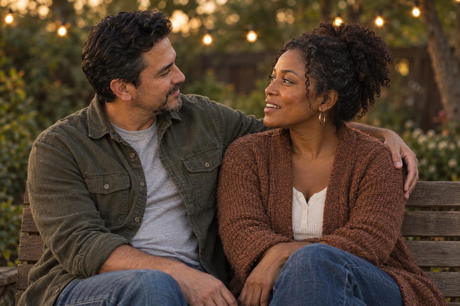 A couple sitting close together on a garden bench, talking