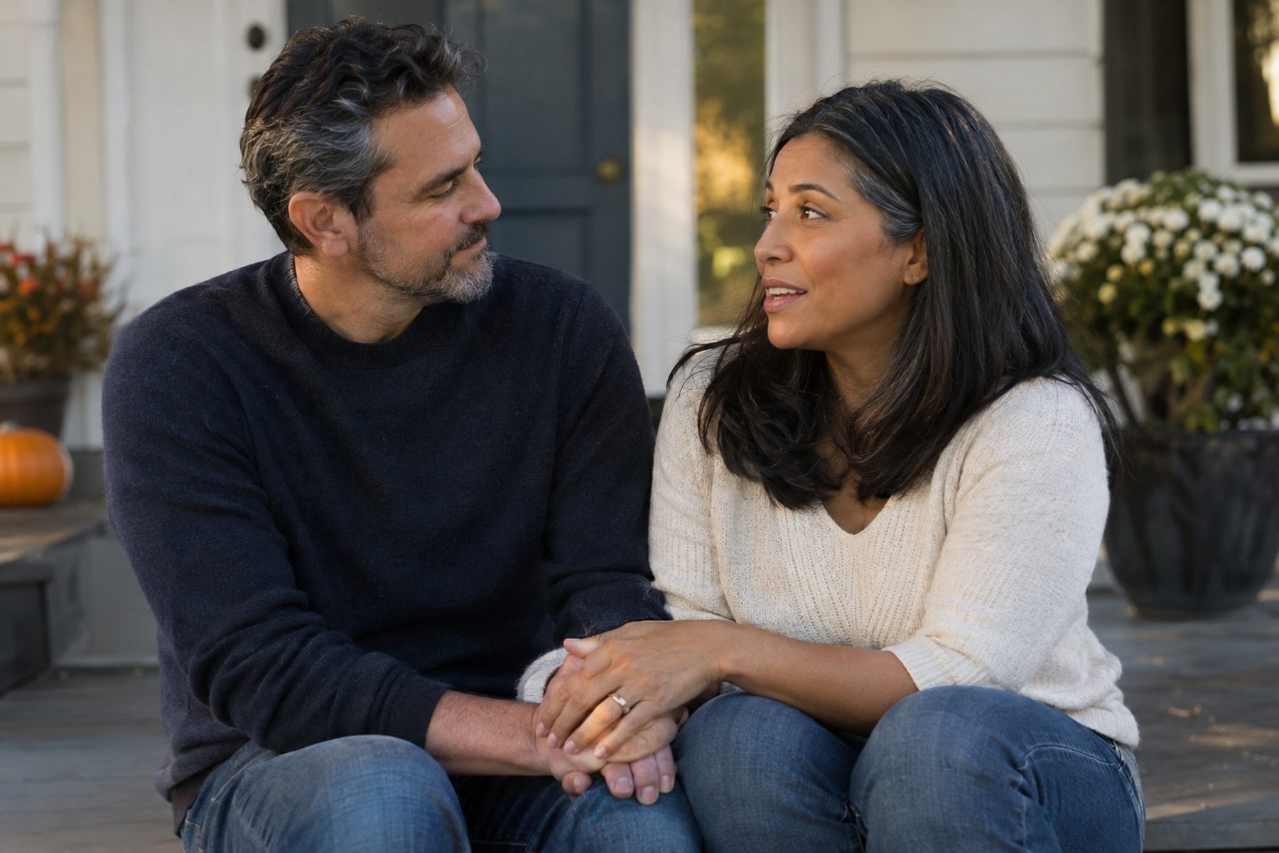 A couple sitting on their front steps talking