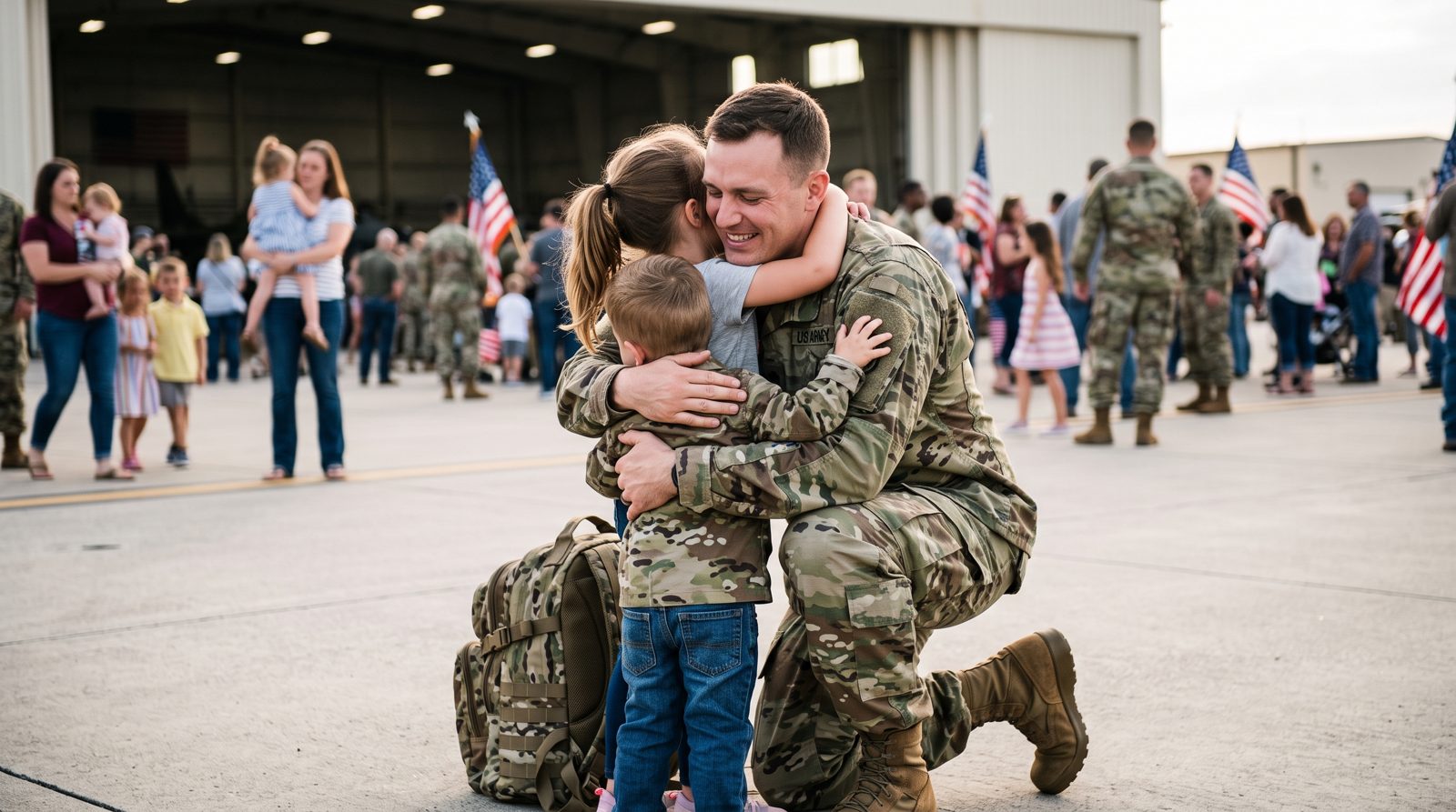 A service member kneeling to embrace his children at a homecoming