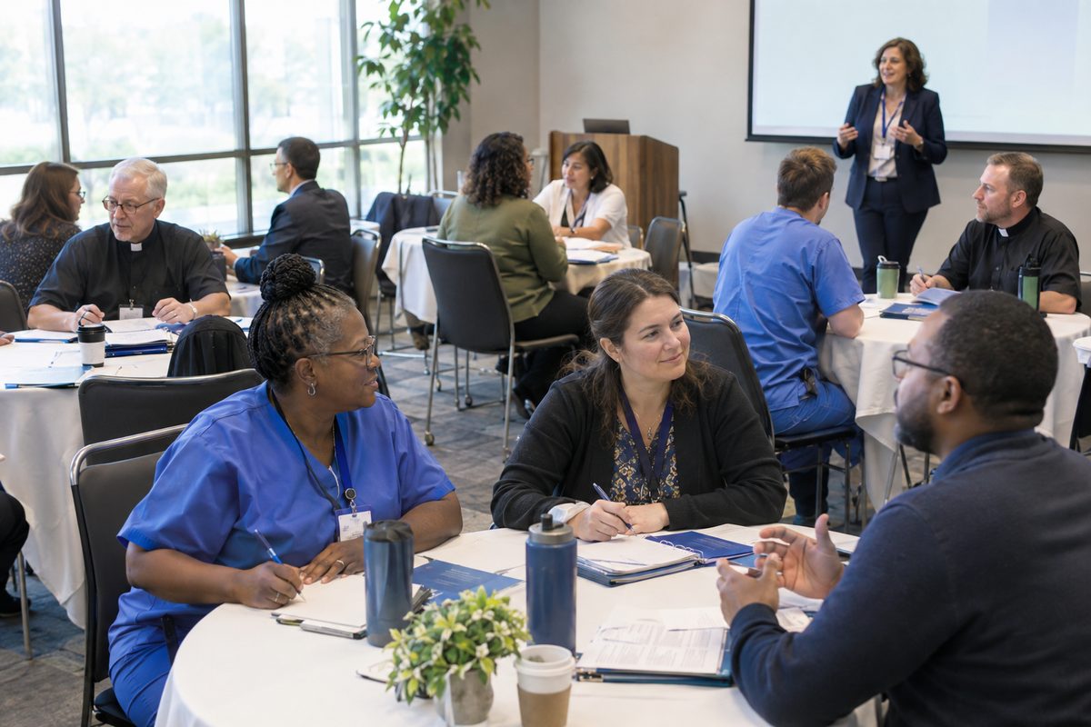 Professionals in a PAIRS training session working at round tables